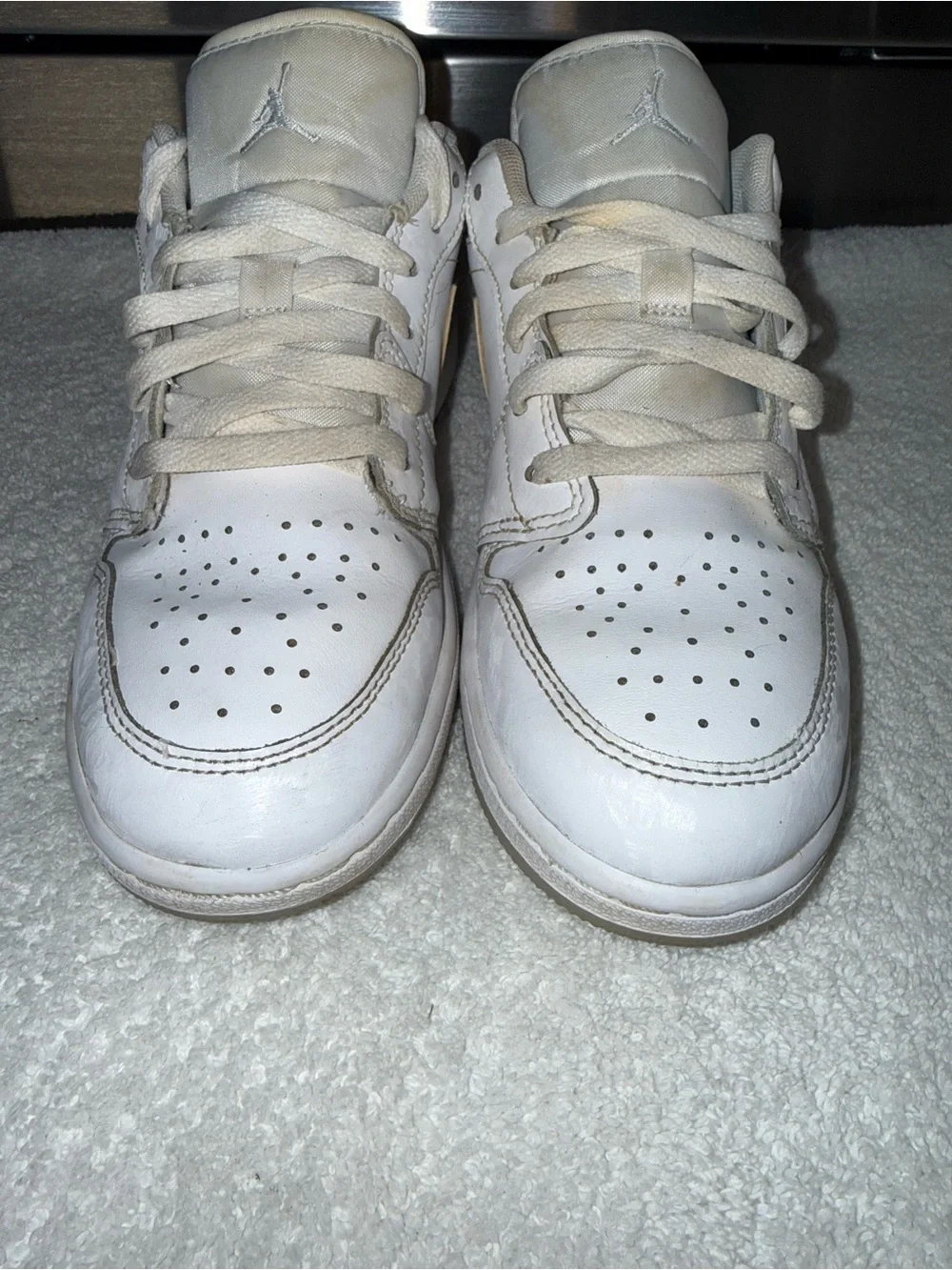 Nike Air Jordan’s White Low-Top Sneaker with Iridescent Swoosh Size 5Y